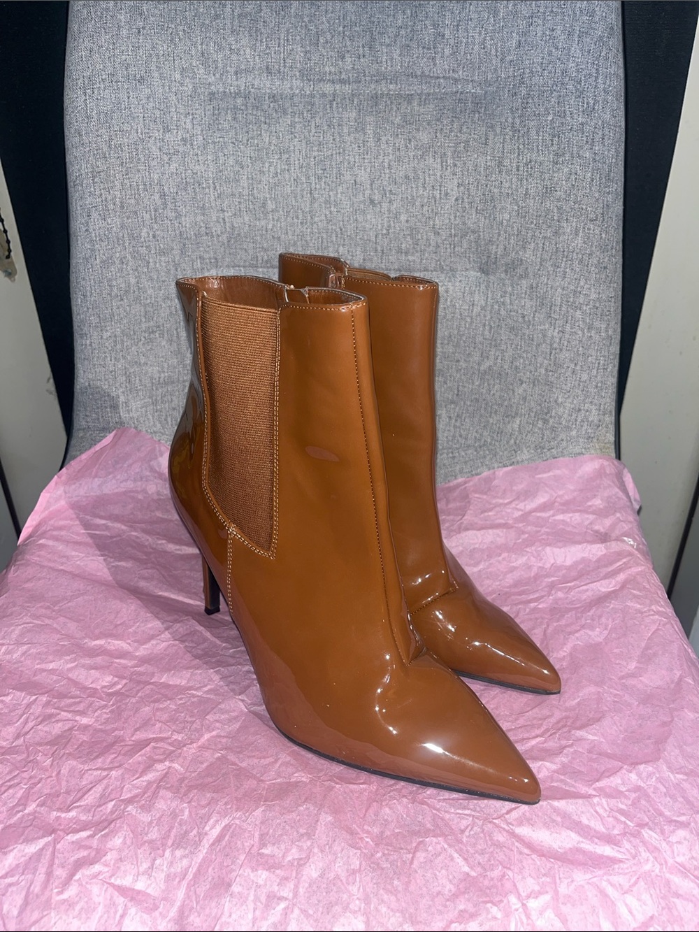 INC Brown Patent Stiletto Booties